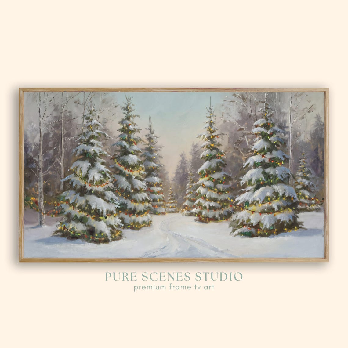 Avenue Of Snow Covered Christmas Trees String Lights Twilight Poster