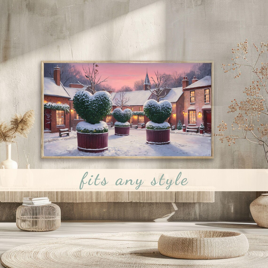Snowy Village Heart Topiaries Pink Dusk Winter Painting Poster - Image 3