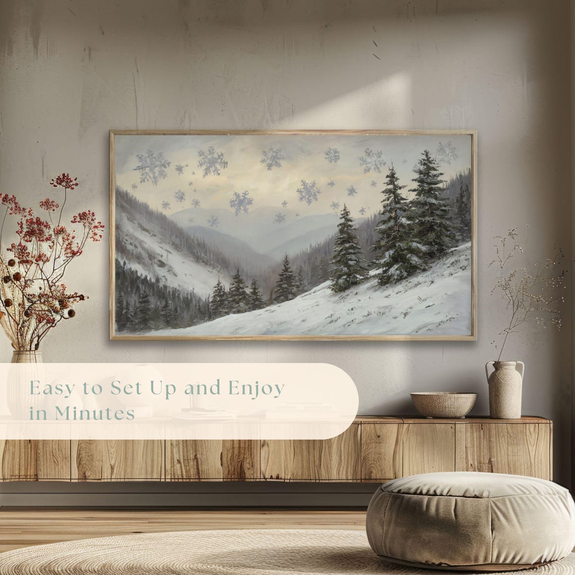 Snowy Mountain Valley Evergreens Giant Snowflakes Whimsical Sky Poster - Image 5