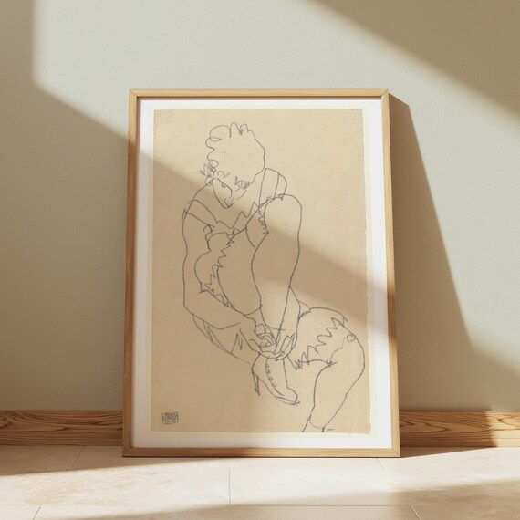 Vintage Figure Sketch of Woman Buttoning Her Shoe Expressive Line Poster