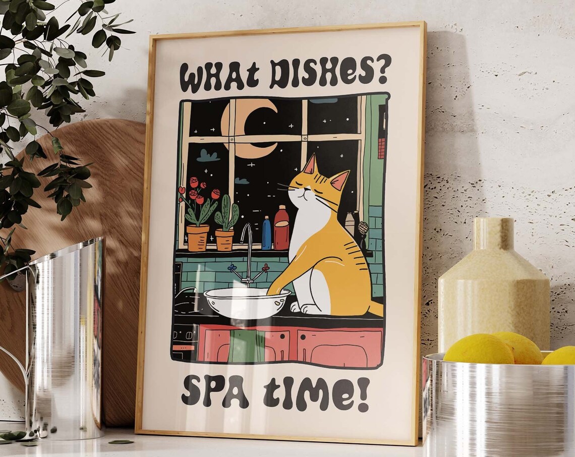 What Dishes Spa Time Funny Orange Cat At Kitchen Sink At Night Poster