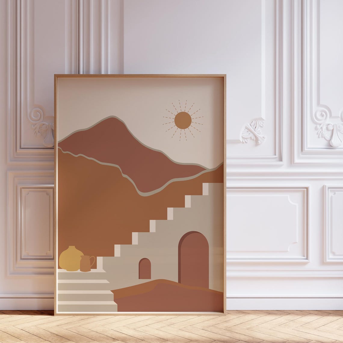 Terracotta Staircase Sun and Mountains Boho Landscape Wall Art