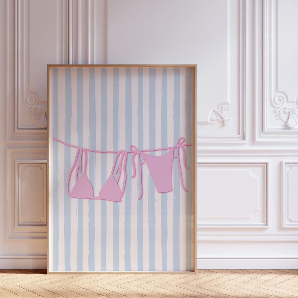 Pink Bikini on Clothesline Poster With Blue Stripes for Beach Lovers