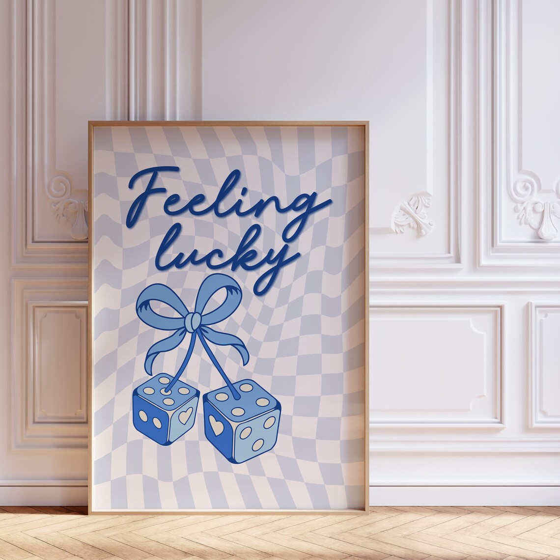 Feeling Lucky Blue Fuzzy Dice Bow Checkerboard Coquette Quote Poster
