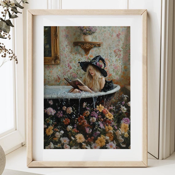 Witch Reading in Bubble Bath With Black Cat, Poster