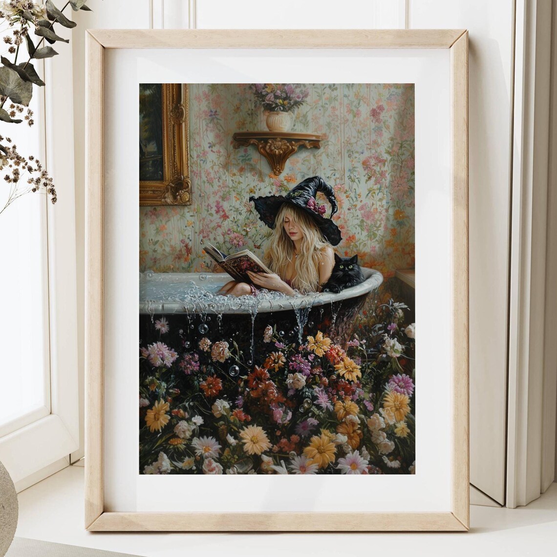 Witch Reading in Bubble Bath With Black Cat, Poster