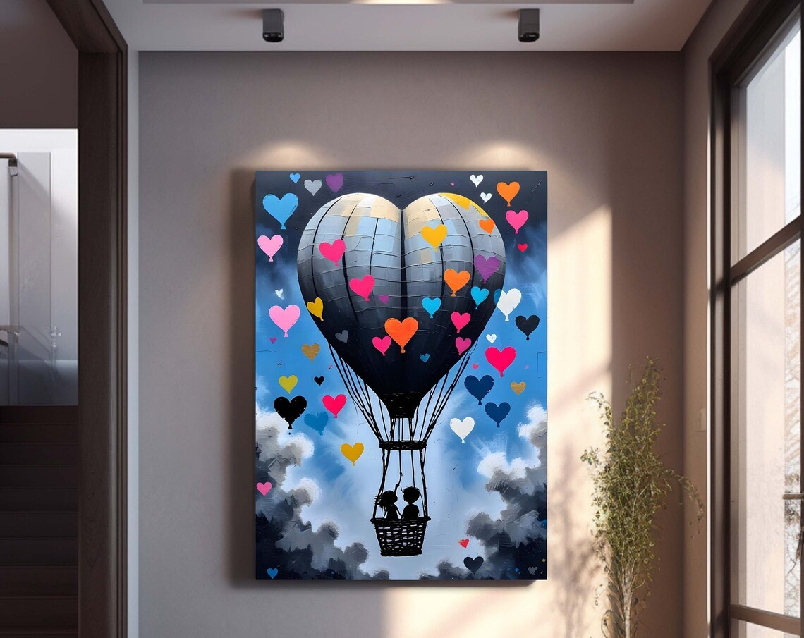 Heart Hot Air Balloon Couple Romantic Hearts Blue Sky Poster