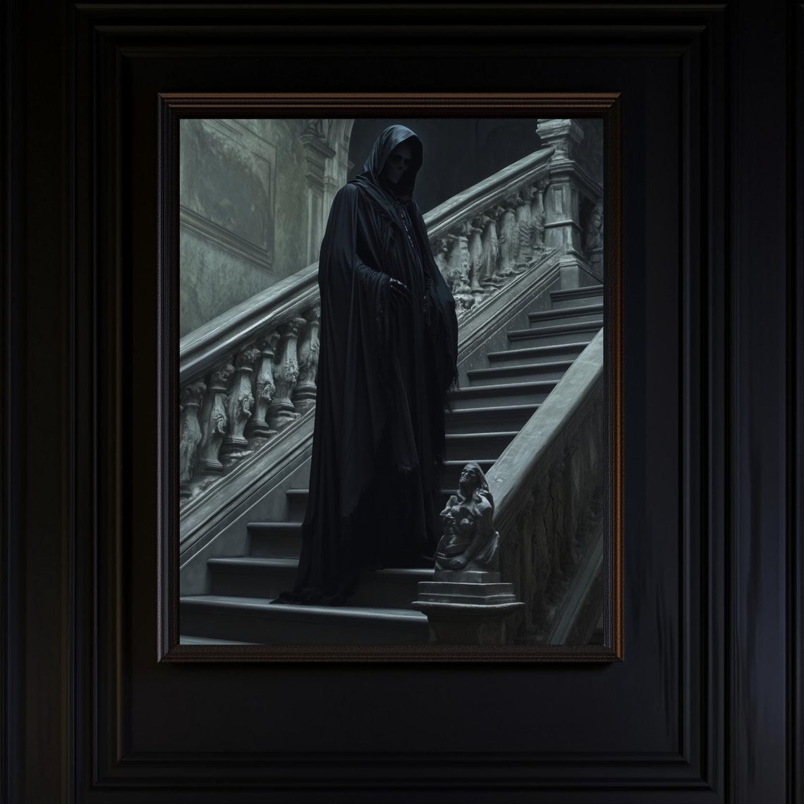 Dark Hooded Grim Reaper Figure On Grand Stone Staircase Poster