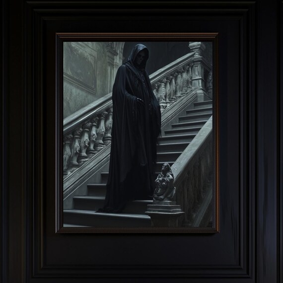 Dark Hooded Grim Reaper Figure On Grand Stone Staircase Poster