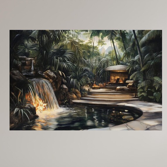 Tropical Jungle Oasis Lush Paradise Retreat With Waterfall And Cozy Lounge Serene Tropical Wall Art For Relaxation