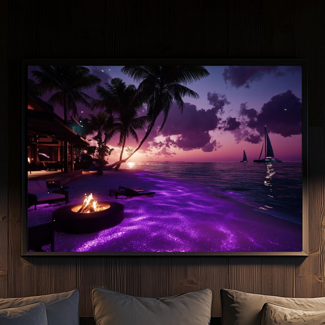 Bioluminescent Beach Sunset With Fire Pit And Sailboats Magical Tropical Night Scene Wall Art Ocean Glow Decor
