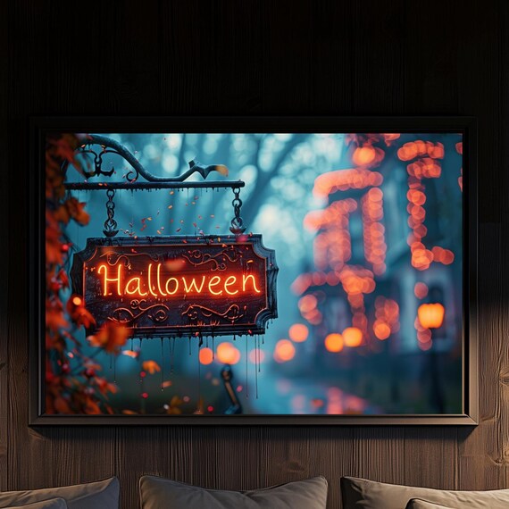 Neon Halloween Sign On Misty Street With Orange Lights Poster