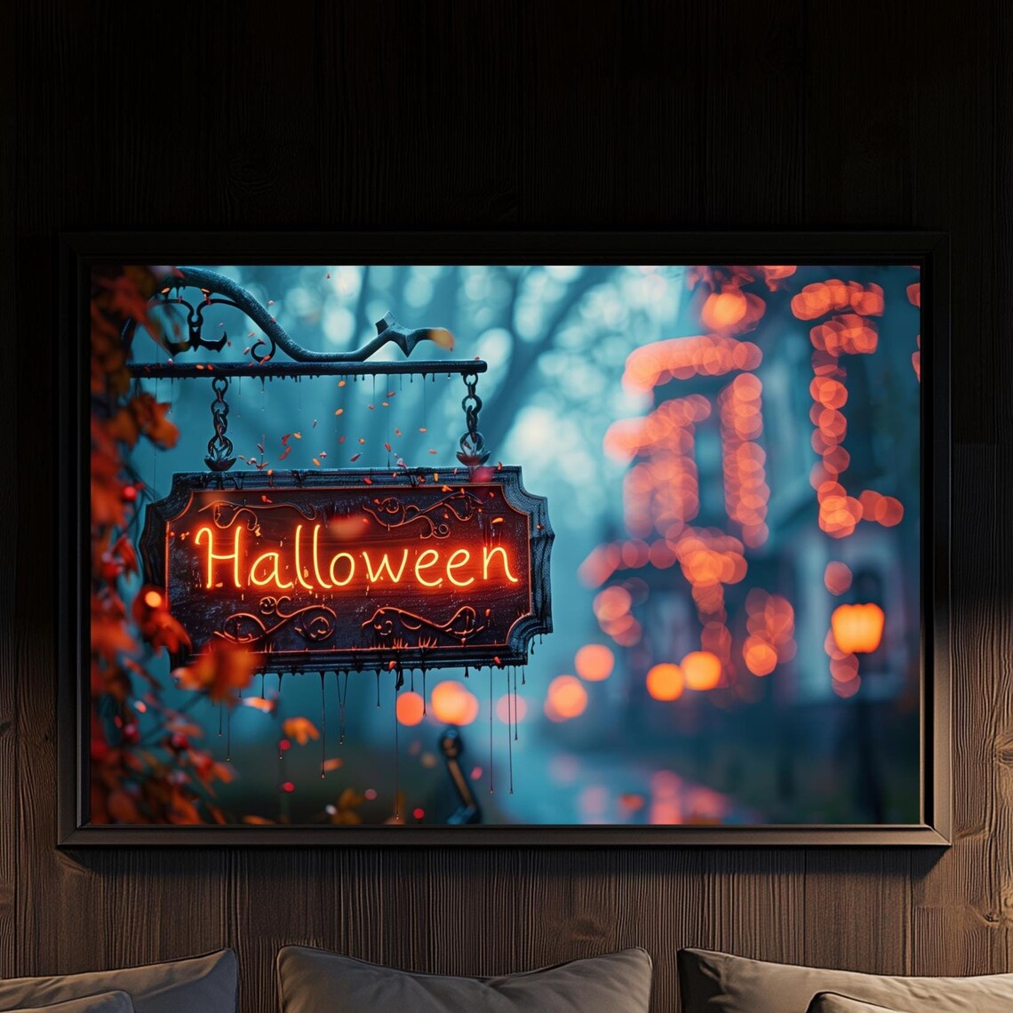 Neon Halloween Sign On Misty Street With Orange Lights Poster