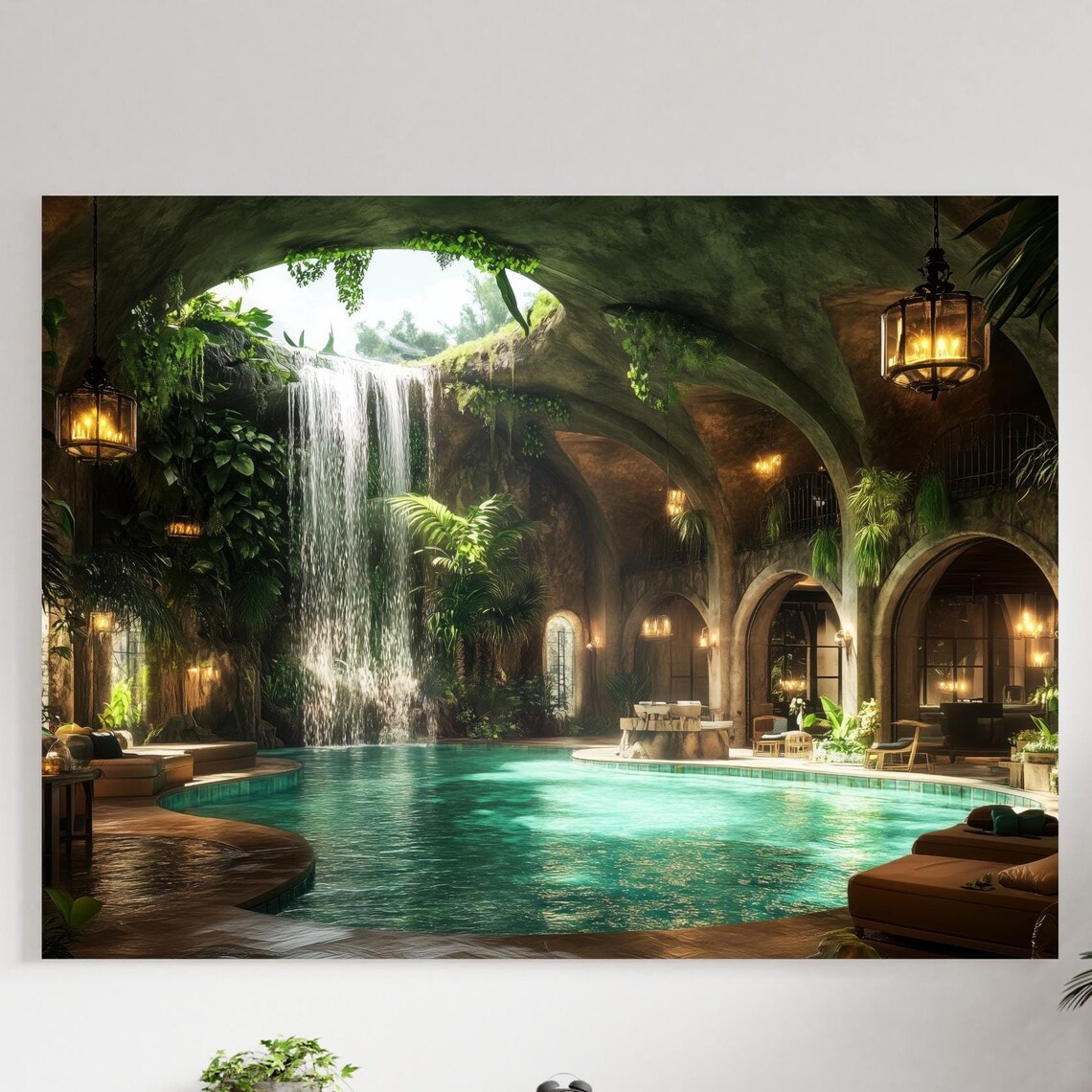 Luxurious Underground Pool Oasis Art Print Tropical Waterfall Spa Retreat Elegant Escape For Nature Inspired Decor