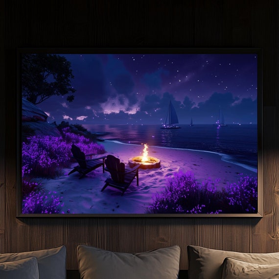 Bioluminescent Sunset Beach Art Purple Ocean Glow Starry Coastal Scene With Fire Pit Dreamy Seaside Decor
