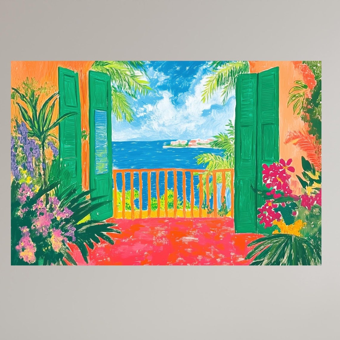 Vibrant Coastal Balcony Painting Green Shutters Ocean View Poster