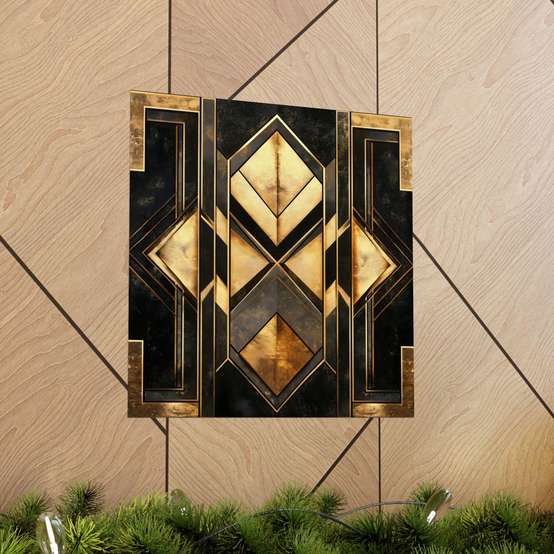 Black And Gold Geometric Art Deco Diamond Pattern Square Wall Art - Image 2