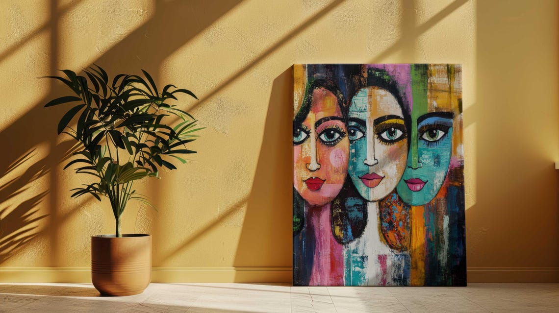 Vibrant Three Colorful Abstract Female Faces Pop Art Style Wall Art - Image 4