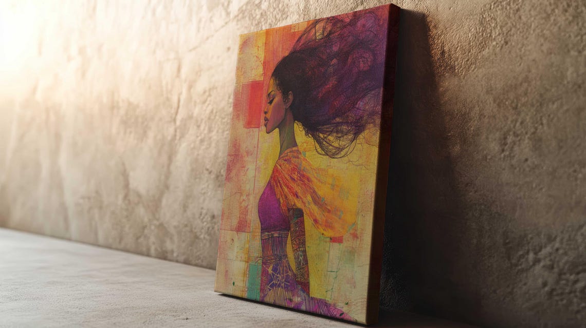 Woman Profile Flowing Wild Hair Warm Orange Pink Dreamy Wall Art - Image 2