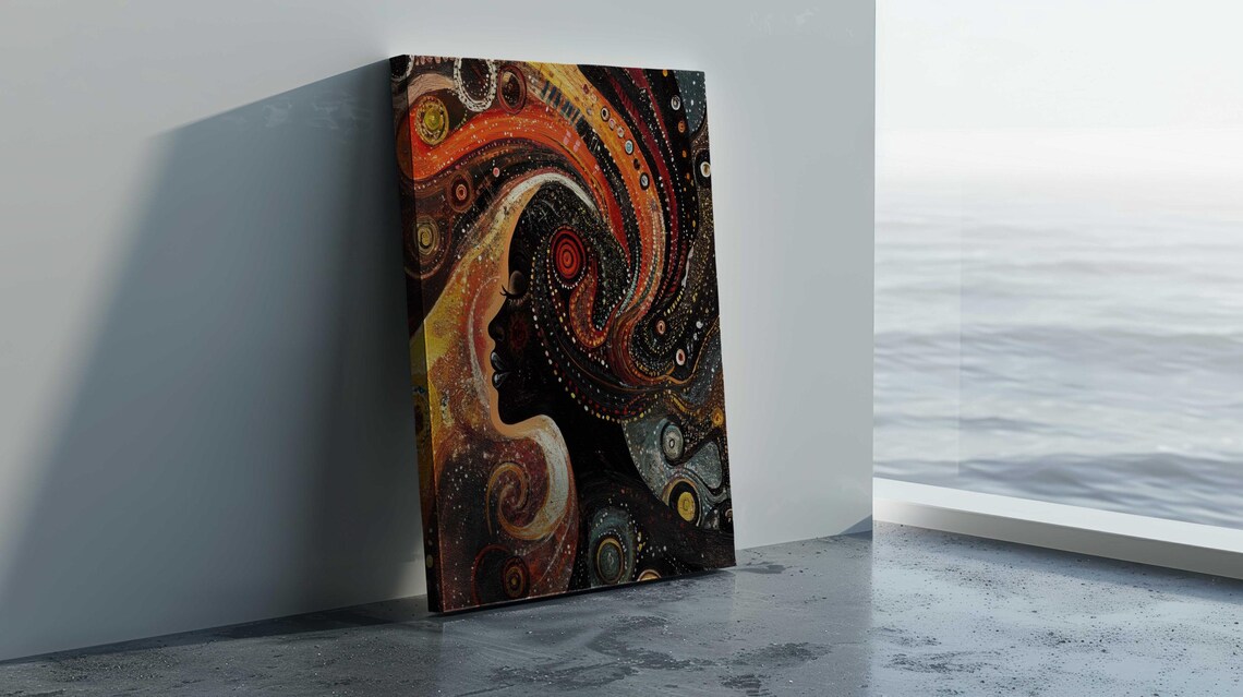 Woman Profile Swirling Dot Art Cosmic Red Orange Black Spiral Poster - Image 2