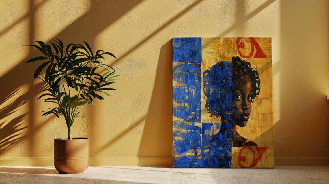 Abstract Black Girl Portrait Blue Gold Blocks Red Accent Art Poster