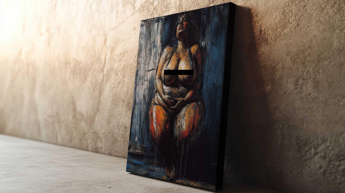 Plus Size Nude Woman Seated Dark Blue Orange Expressionist Art Poster