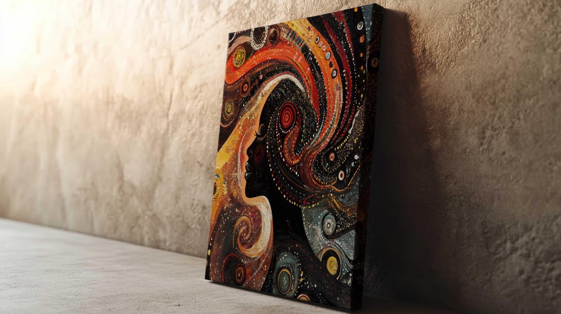 Woman Profile Swirling Dot Art Cosmic Red Orange Black Spiral Poster