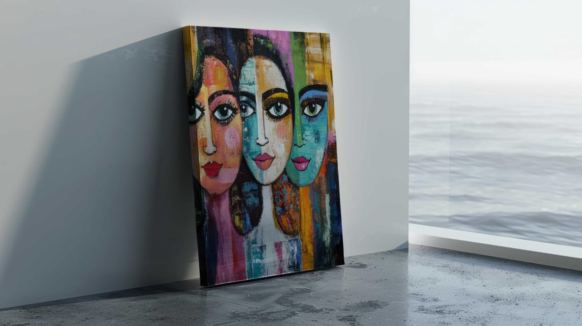 Vibrant Three Colorful Abstract Female Faces Pop Art Style Wall Art - Image 3