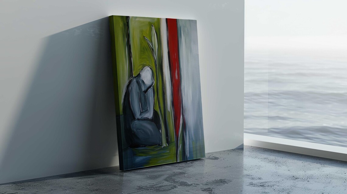 Bowed Figure Green Red Bold Stroke Abstract Emotional Art Print - Image 3