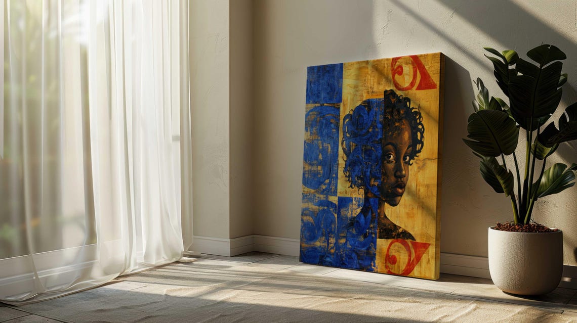 Abstract Black Girl Portrait Blue Gold Blocks Red Accent Art Poster - Image 2