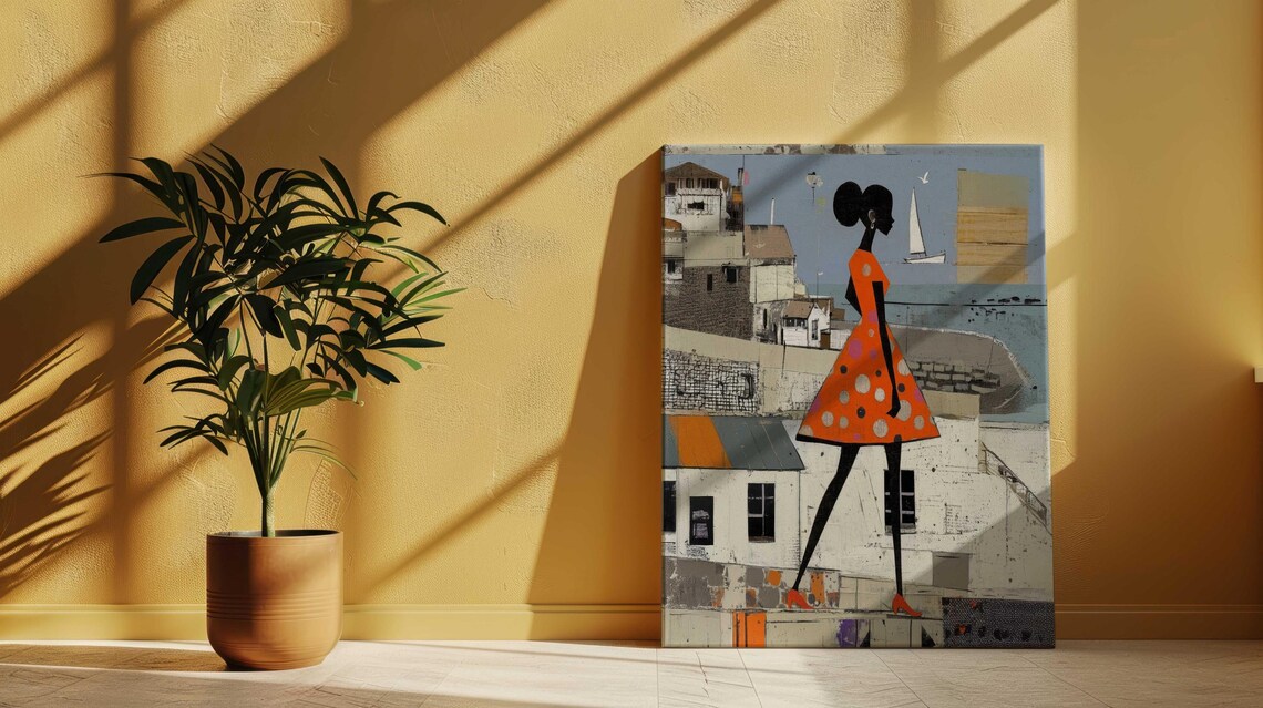 Black Woman Orange Polka Dot Dress Coastal Town Sailboat Art Print - Image 3