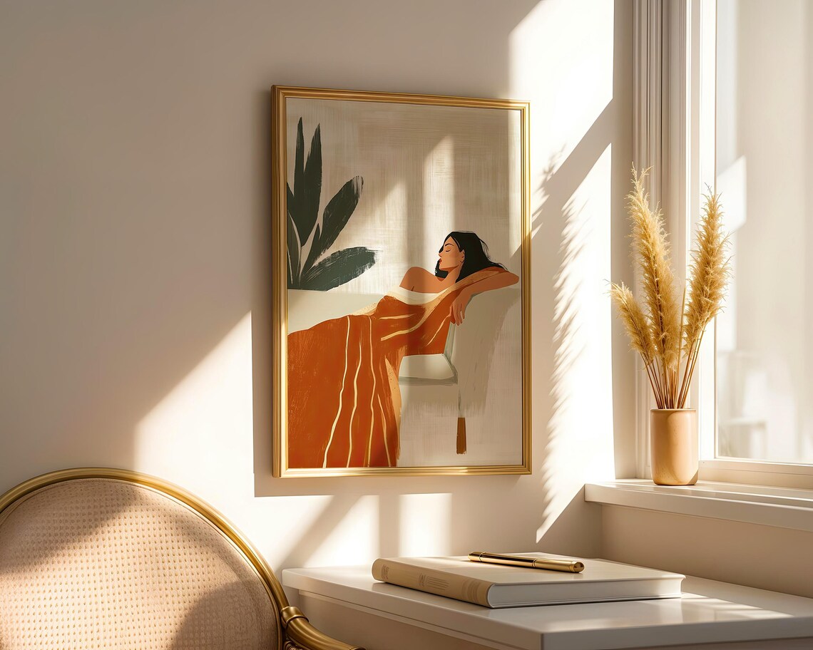 Relaxing Woman Draped in Rust Red Blanket Minimalist Lounge Poster - Image 3