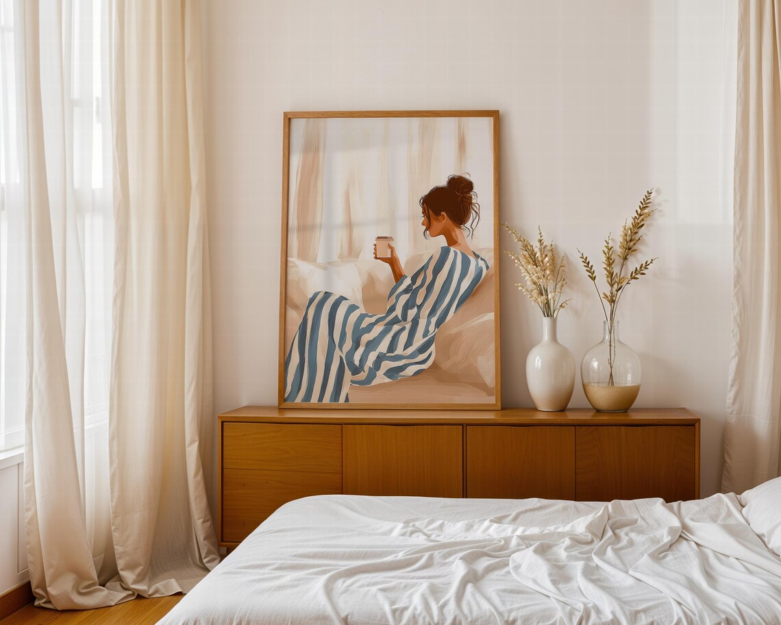 Abstract Cozy Coffee Art Modern Woman Print Minimalist Wall Art Neutral Decor Relaxing Morning Illustration Boho Bedroom Gift - Image 2