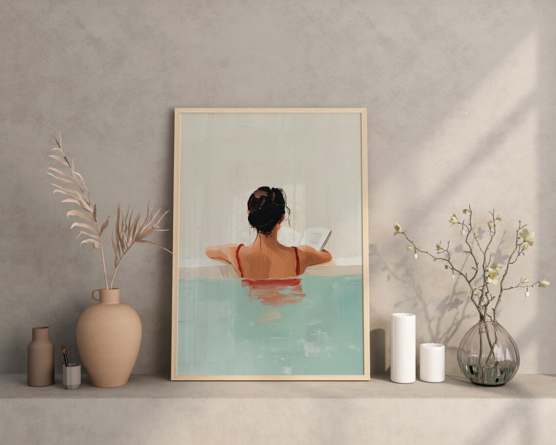 Woman in Red Swimsuit Reading Book in Turquoise Pool Art Poster - Image 3