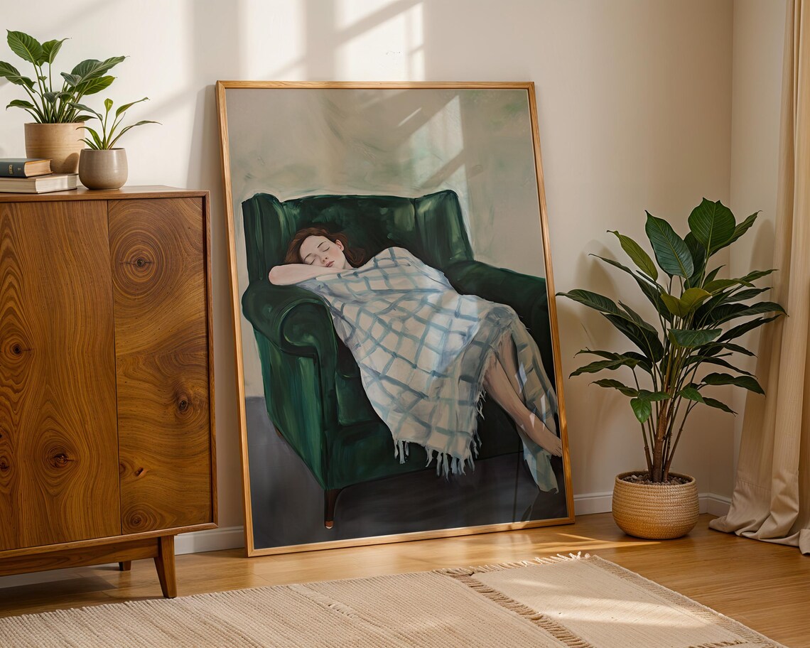 Sleeping Woman in Green Armchair Under Plaid Blanket Art Poster - Image 5