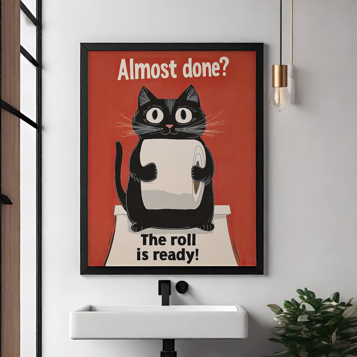 Funny Black Cat Holding Toilet Paper Almost Done The Roll Is Ready Bathroom Art Poster - Image 5