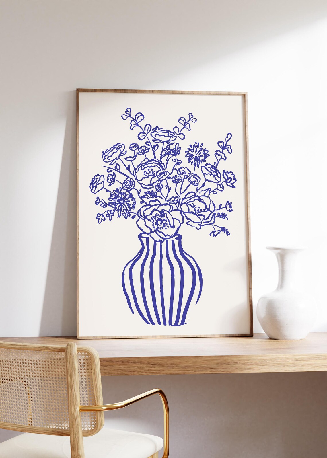 Blue Line Art Flowers In Striped Vase Botanical Modern Wall Poster - Image 4