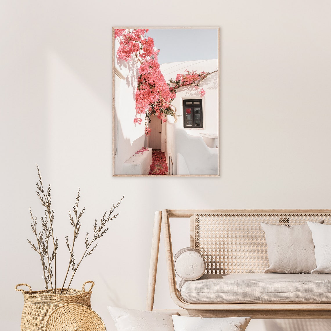 Santorini White Alley Covered in Pink Bougainvillea Flowers Poster - Image 2
