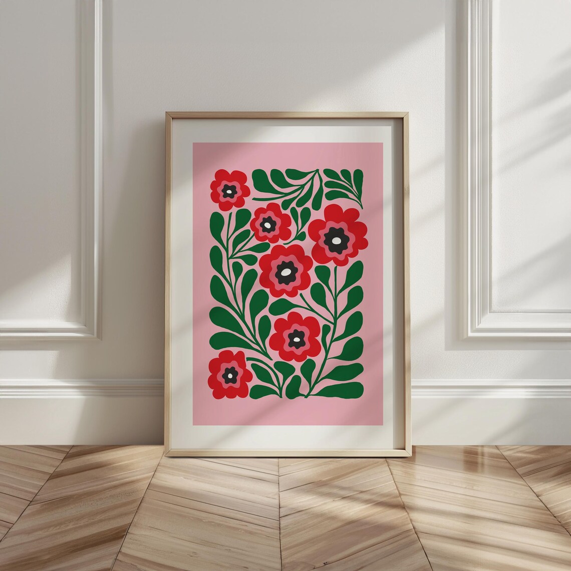 Bold Red Poppies Green Foliage Pink Folk Art Retro Floral Poster - Image 3