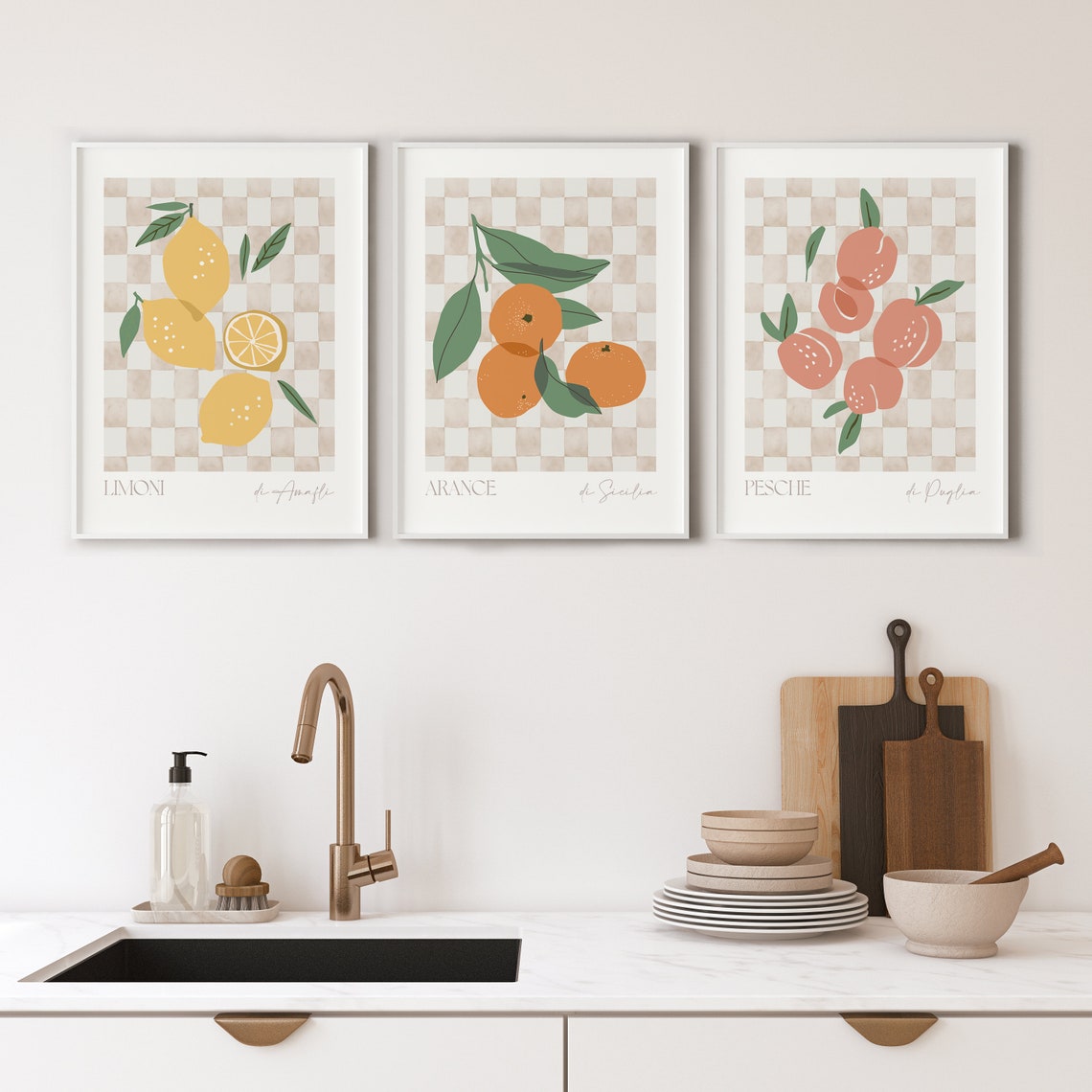 Italian Fruit Prints Set Of 3 Lemon Orange Peach Checkerboard Poster - Image 5