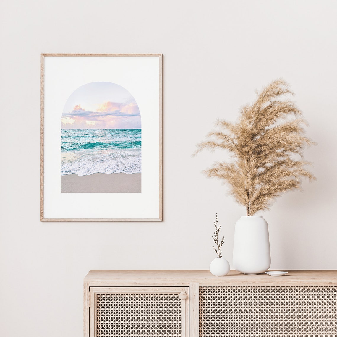 Pastel Sunset Over Turquoise Waves In Boho Arched Beach Poster - Image 2