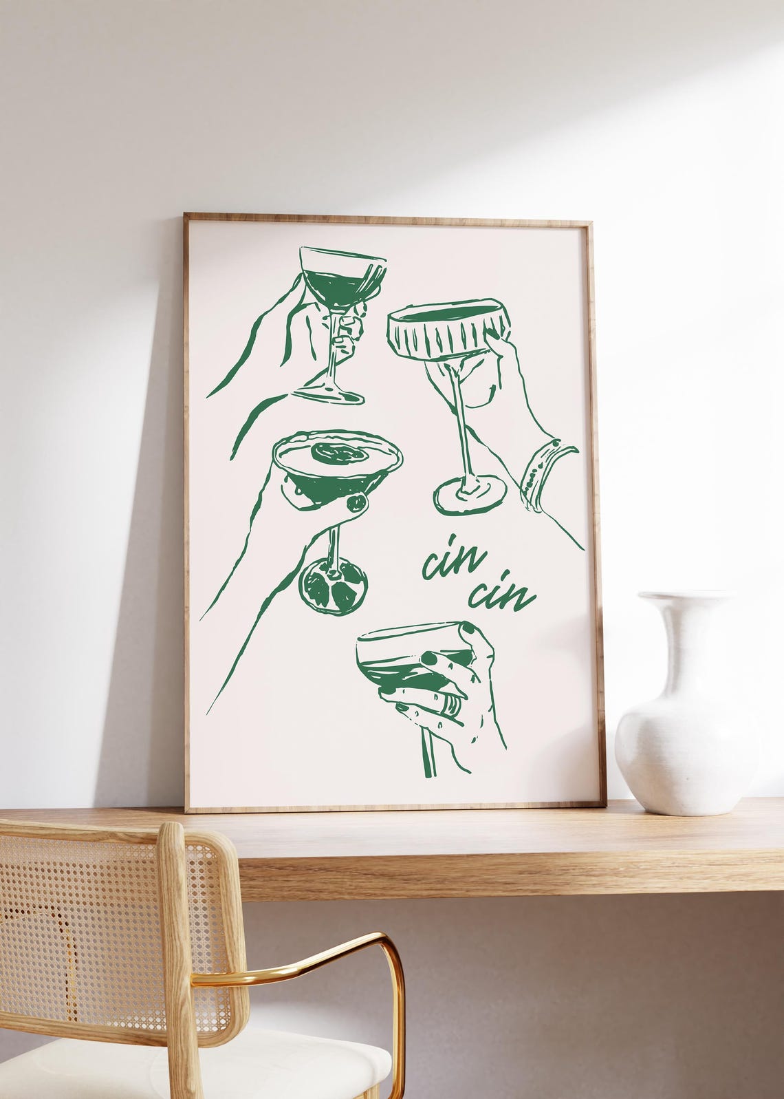Cin Cin Green Wine Hands Cheers Modern Home Bar Cart Art Poster