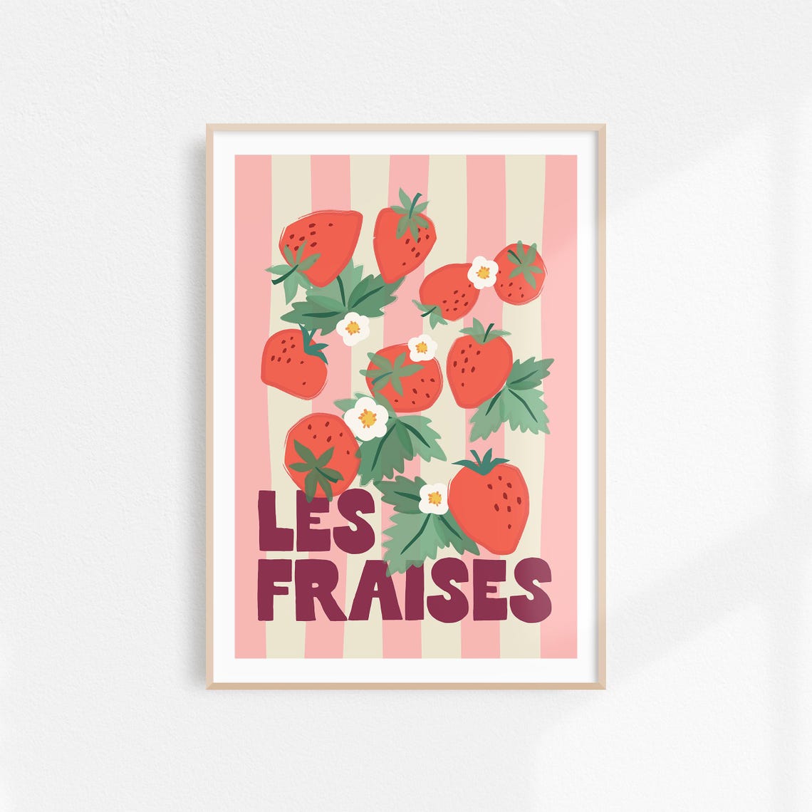 Les Fraises Strawberry Blossom Illustration on Pink Kitchen Poster - Image 3