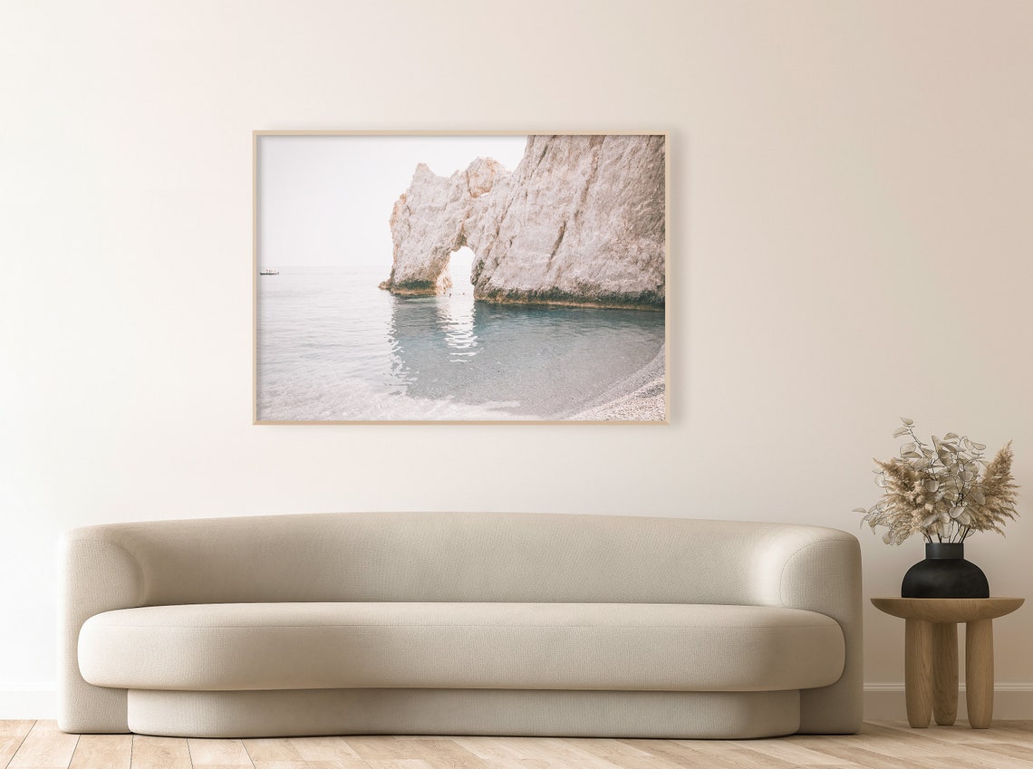 White Coastal Rock Arch Calm Sea Neutral Horizontal Wall Art - Image 4