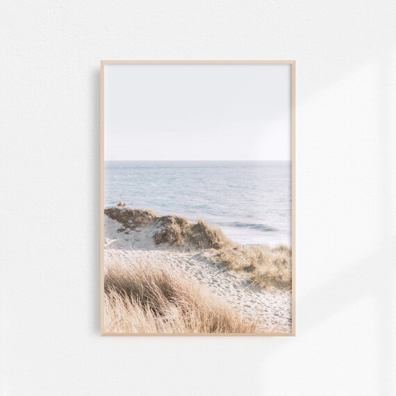 Coastal Sand Dunes Golden Beach Grass Quiet Blue Sea Minimal Art Poster