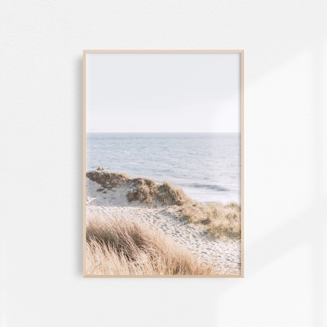 Coastal Sand Dunes Golden Beach Grass Quiet Blue Sea Minimal Art Poster