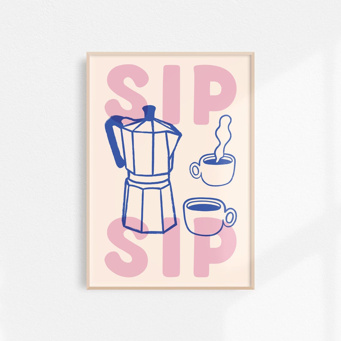 Sip Sip Moka Pot Espresso Cups Pink Blue Bold Kitchen Poster - Image 3