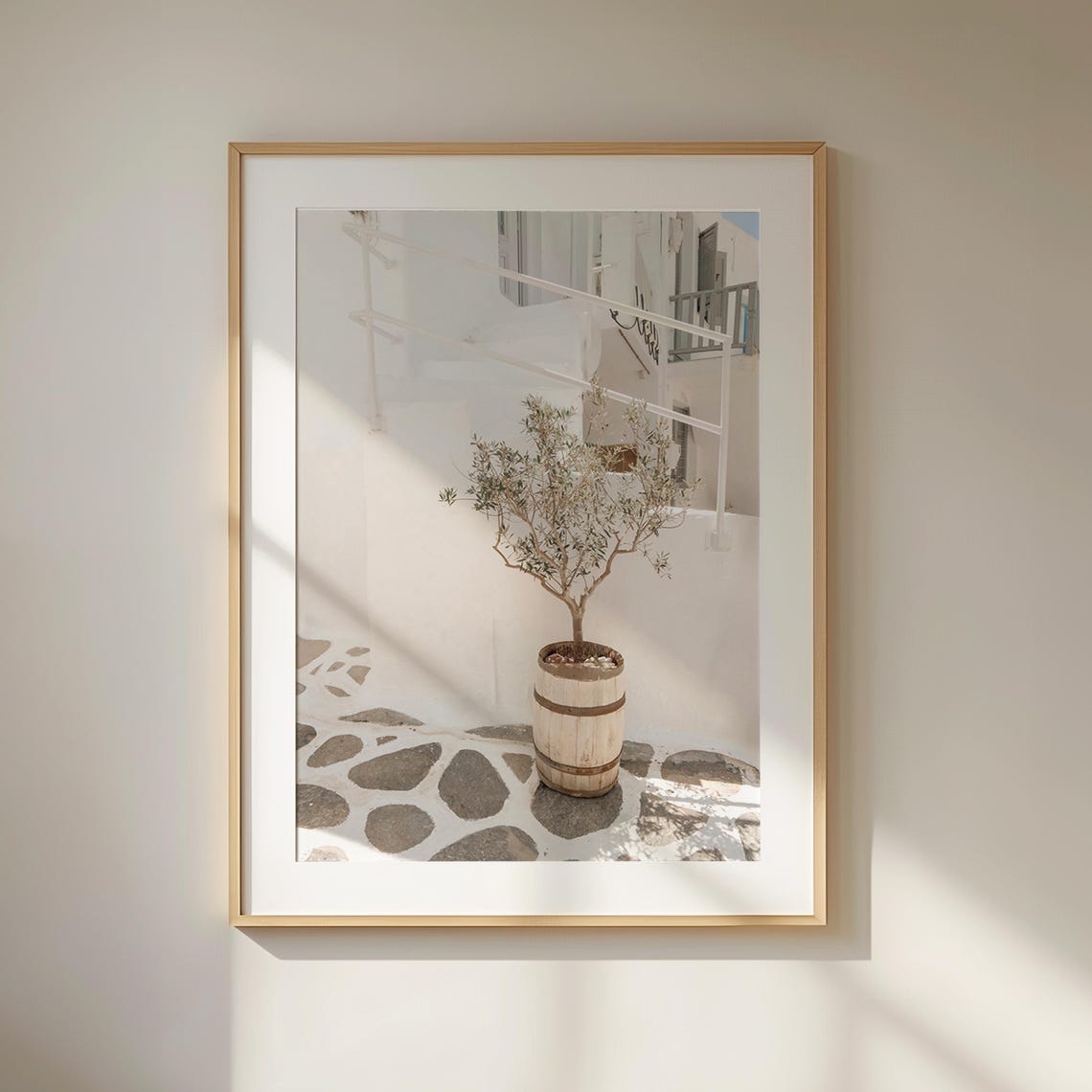 White Greek Island Alley Olive Tree Sunlit Mediterranean Travel Poster