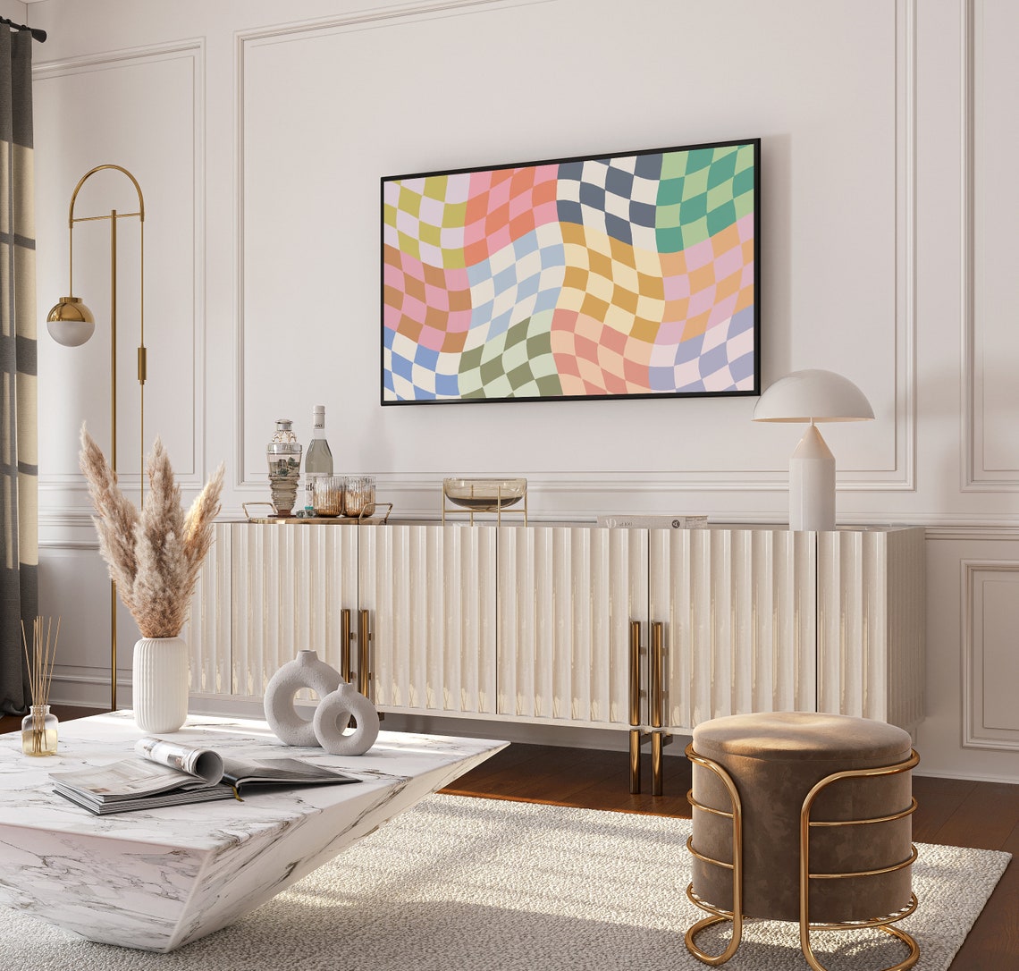 Wavy Rainbow Checkerboard Psychedelic Pastel Abstract Decor Poster - Image 3