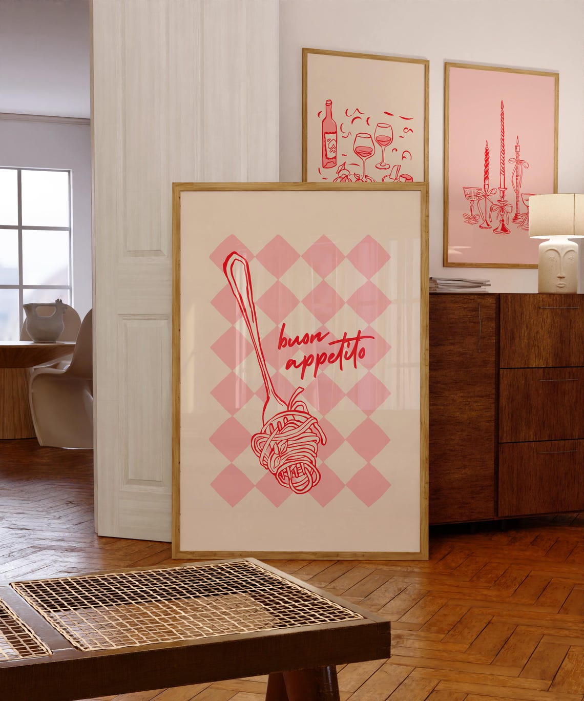 Buon Appetito Spaghetti Fork Pink Diamond Kitchen Art Poster